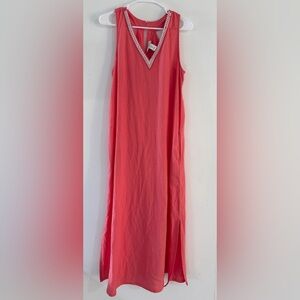 Calypso St. Barth Size M Maxi Dress Coral Pink Linen Blend Beaded V-Neck Boho